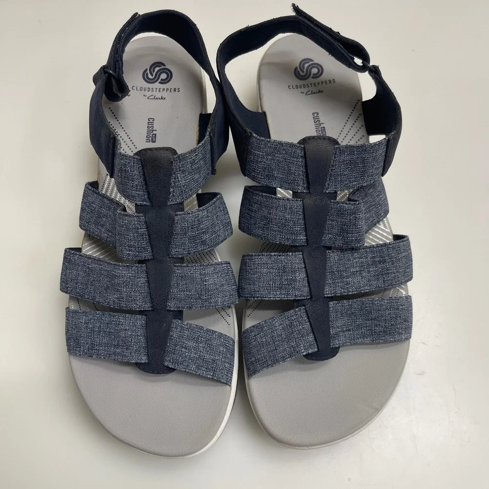 Clarks Sandals Womens 10W Navy Arla Shaylie Cloudsteppers Comfort Strappy Shoe
